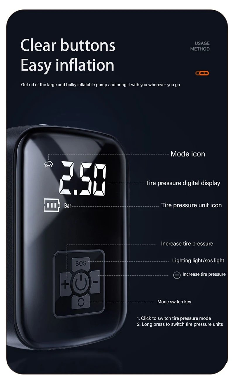 1pc Wireless Car Air Compressor: Your Portable Inflation Solution