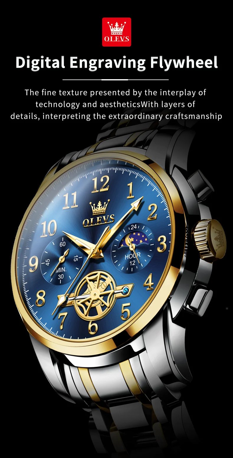 OLEVS 2900 Moon Phase Watch Men Stainless Steel Waterpoof Luminous Fashion Skeleton Chronograph Quartz Wrist Watch for Men NEW