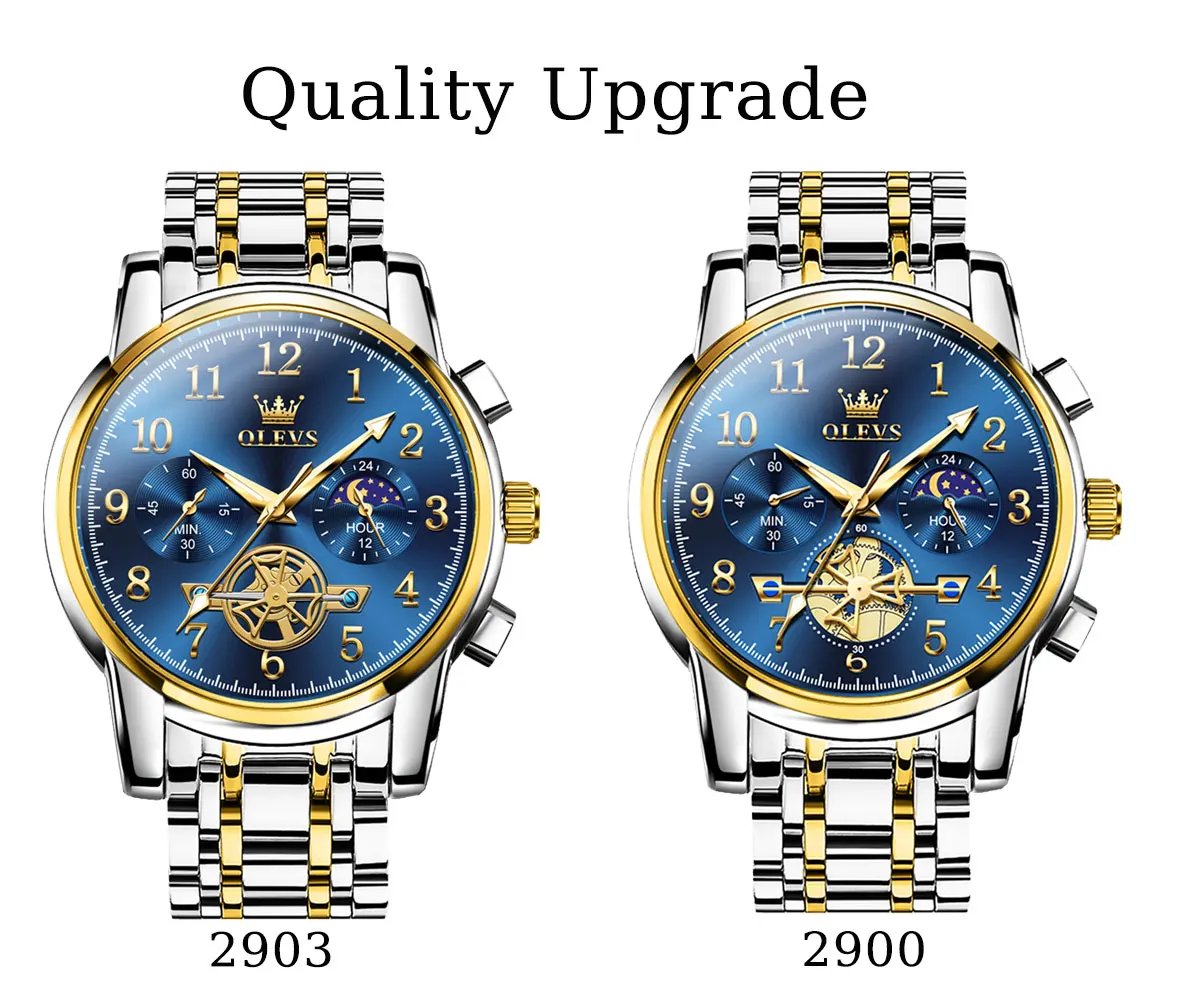 OLEVS 2900 Moon Phase Watch Men Stainless Steel Waterpoof Luminous Fashion Skeleton Chronograph Quartz Wrist Watch for Men NEW