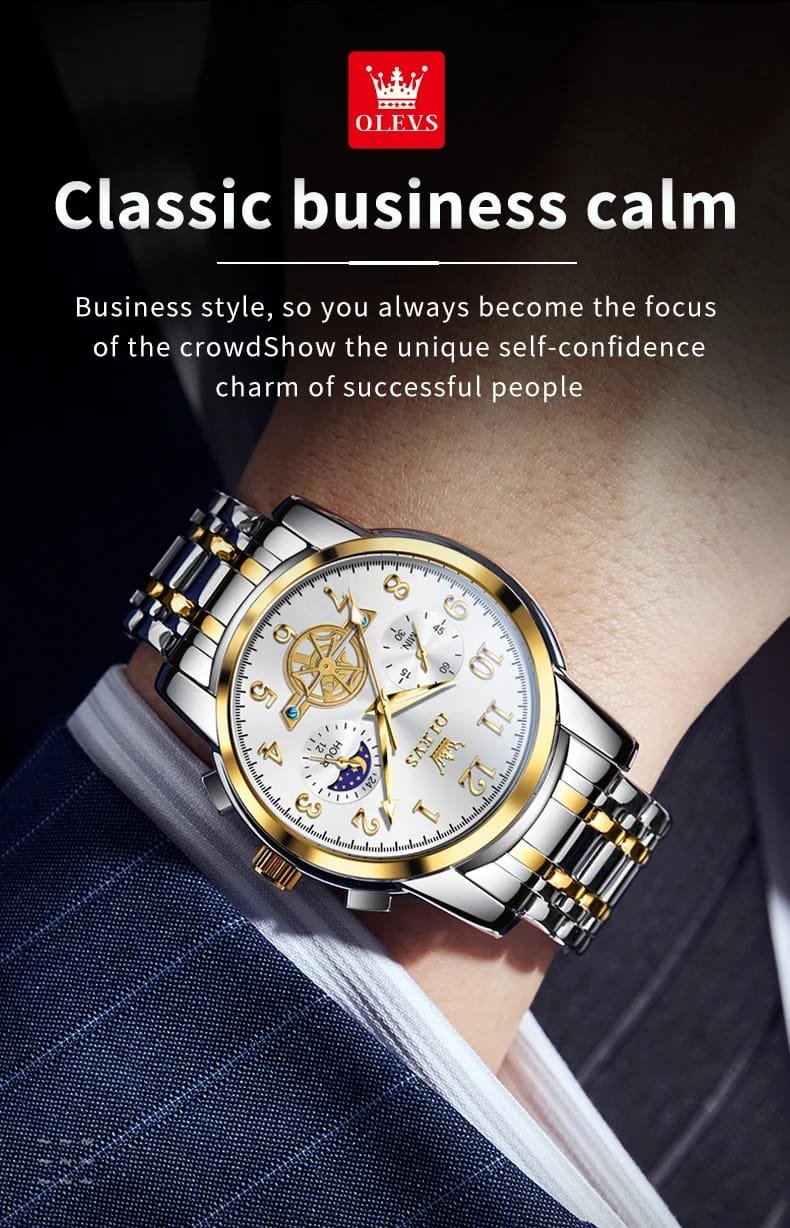 OLEVS 2900 Moon Phase Watch Men Stainless Steel Waterpoof Luminous Fashion Skeleton Chronograph Quartz Wrist Watch for Men NEW