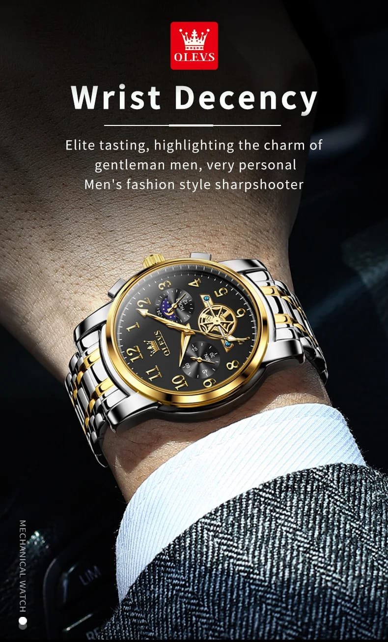 OLEVS 2900 Moon Phase Watch Men Stainless Steel Waterpoof Luminous Fashion Skeleton Chronograph Quartz Wrist Watch for Men NEW