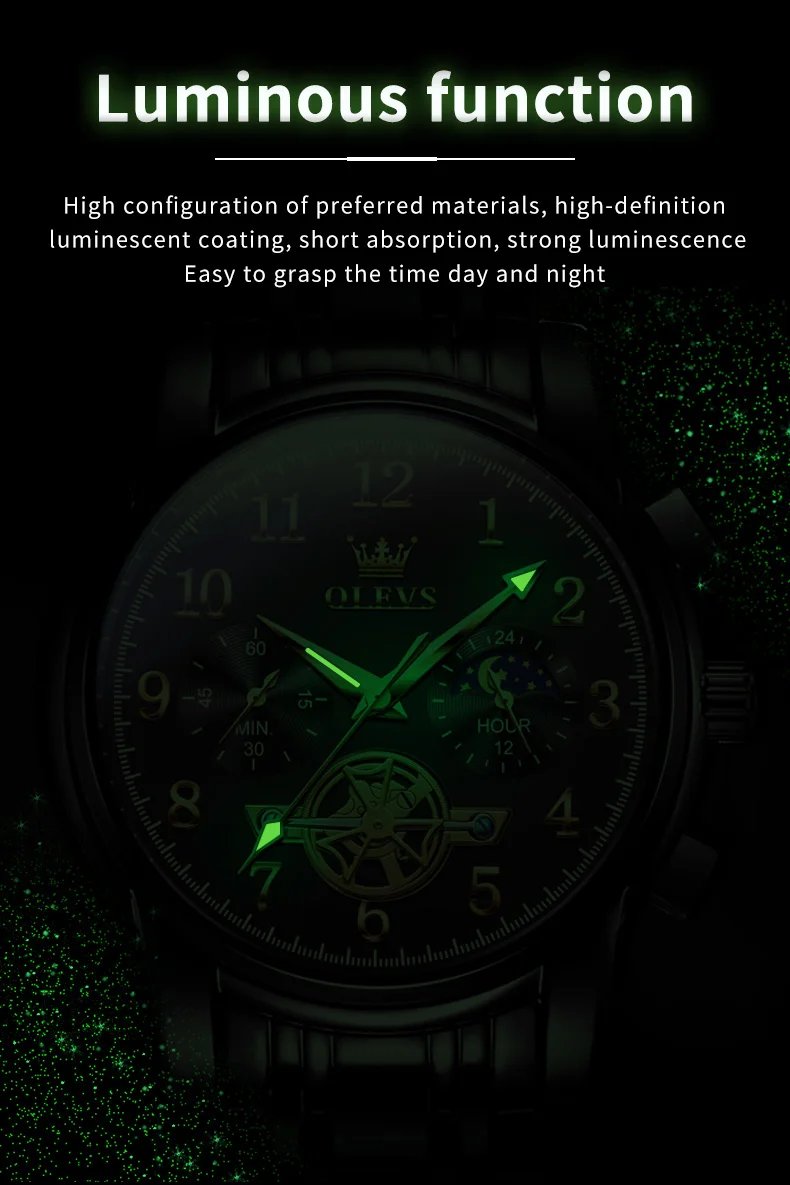 OLEVS 2900 Moon Phase Watch Men Stainless Steel Waterpoof Luminous Fashion Skeleton Chronograph Quartz Wrist Watch for Men NEW