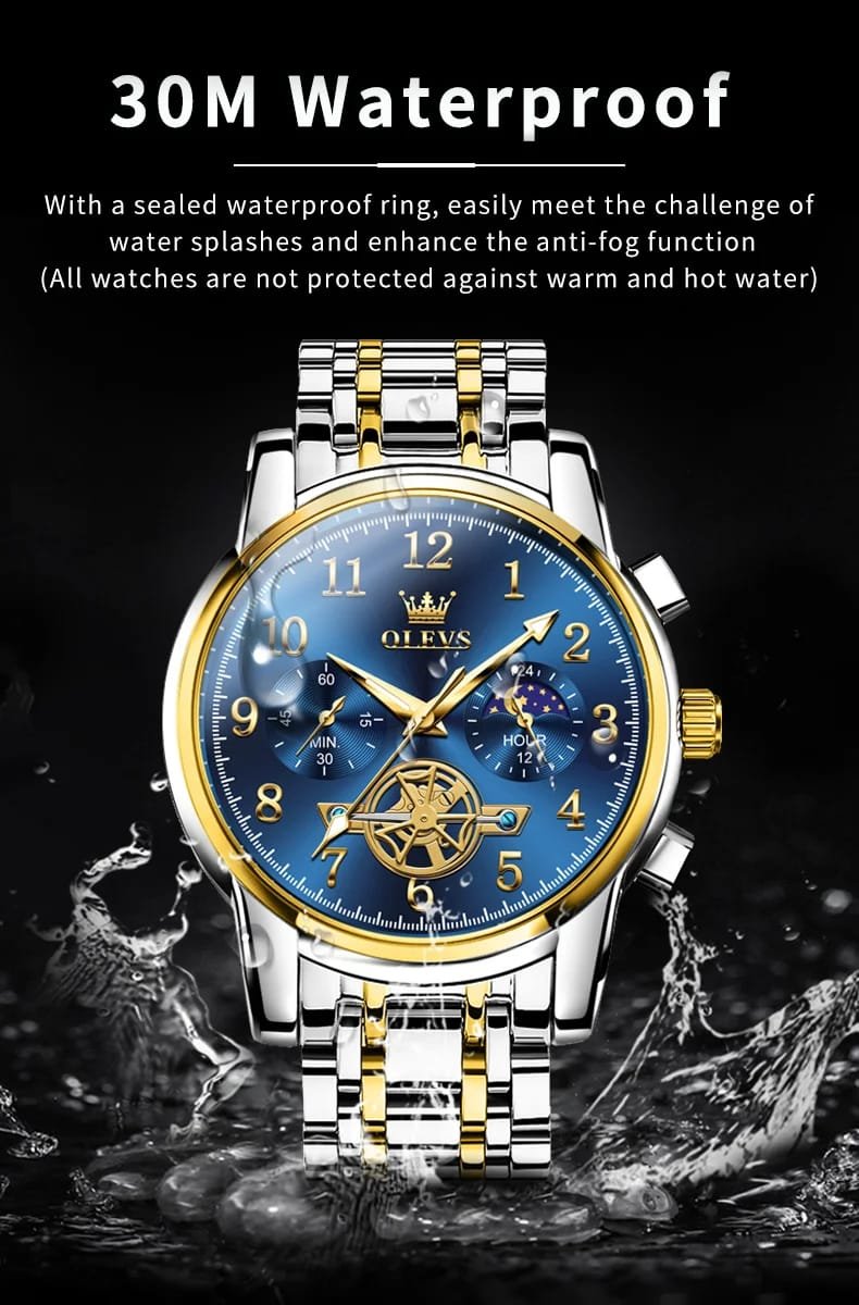OLEVS 2900 Moon Phase Watch Men Stainless Steel Waterpoof Luminous Fashion Skeleton Chronograph Quartz Wrist Watch for Men NEW