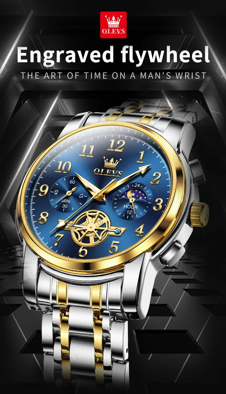 OLEVS 2900 Moon Phase Watch Men Stainless Steel Waterpoof Luminous Fashion Skeleton Chronograph Quartz Wrist Watch for Men NEW