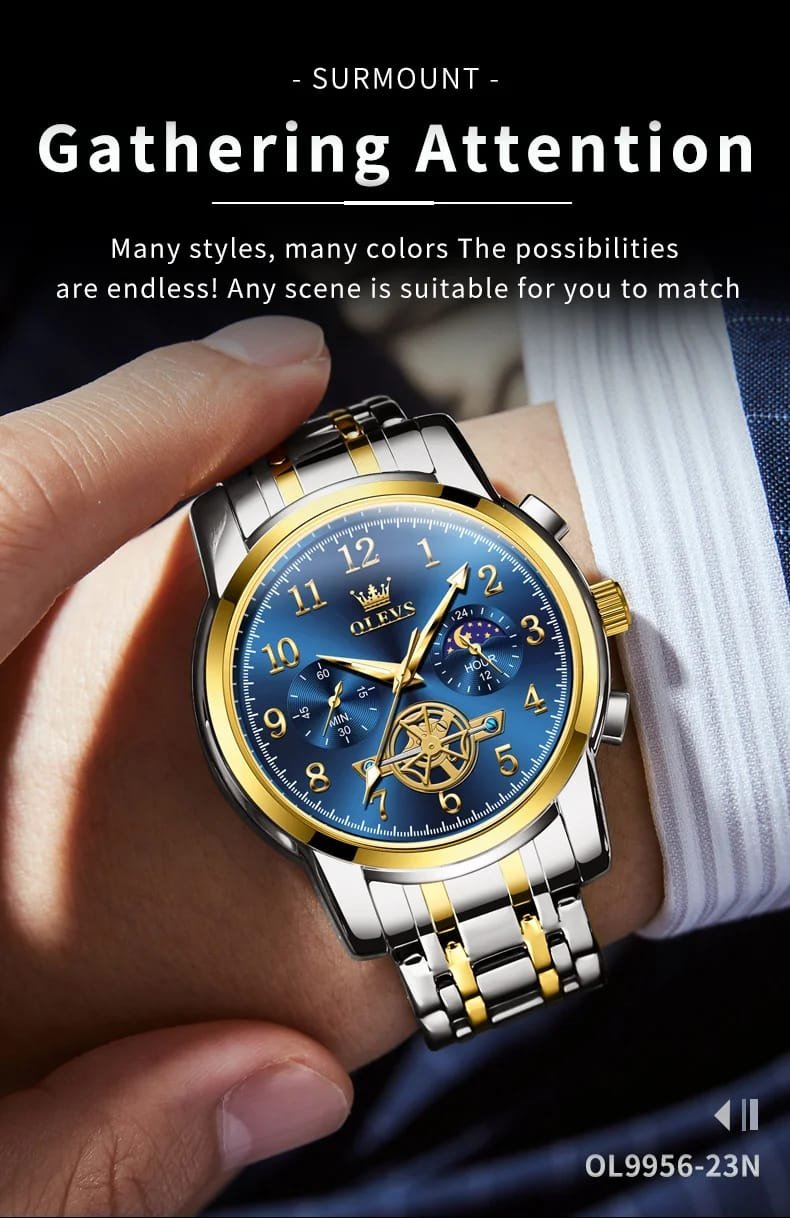 OLEVS 2900 Moon Phase Watch Men Stainless Steel Waterpoof Luminous Fashion Skeleton Chronograph Quartz Wrist Watch for Men NEW