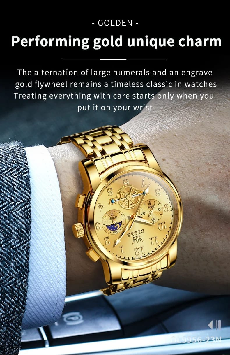 OLEVS 2900 Moon Phase Watch Men Stainless Steel Waterpoof Luminous Fashion Skeleton Chronograph Quartz Wrist Watch for Men NEW