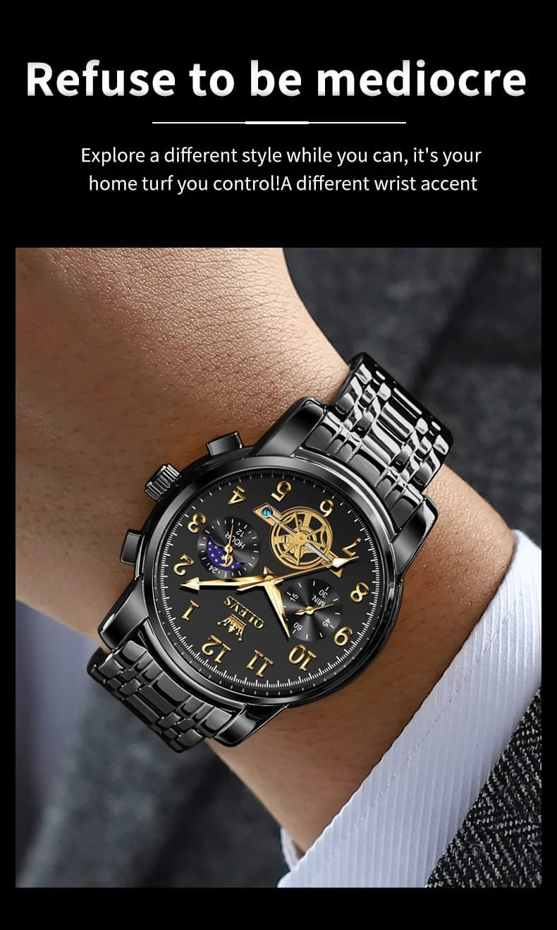 OLEVS 2900 Moon Phase Watch Men Stainless Steel Waterpoof Luminous Fashion Skeleton Chronograph Quartz Wrist Watch for Men NEW