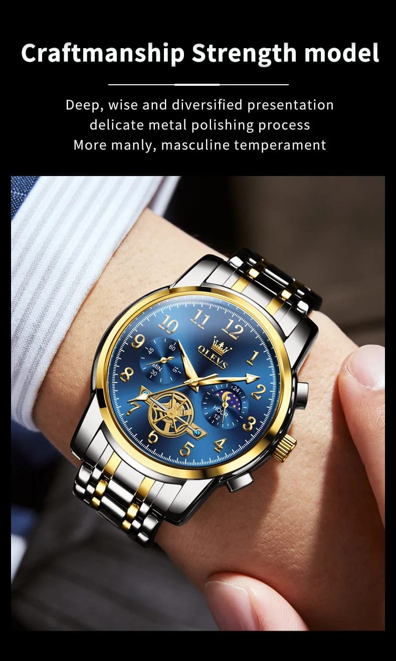 OLEVS 2900 Moon Phase Watch Men Stainless Steel Waterpoof Luminous Fashion Skeleton Chronograph Quartz Wrist Watch for Men NEW
