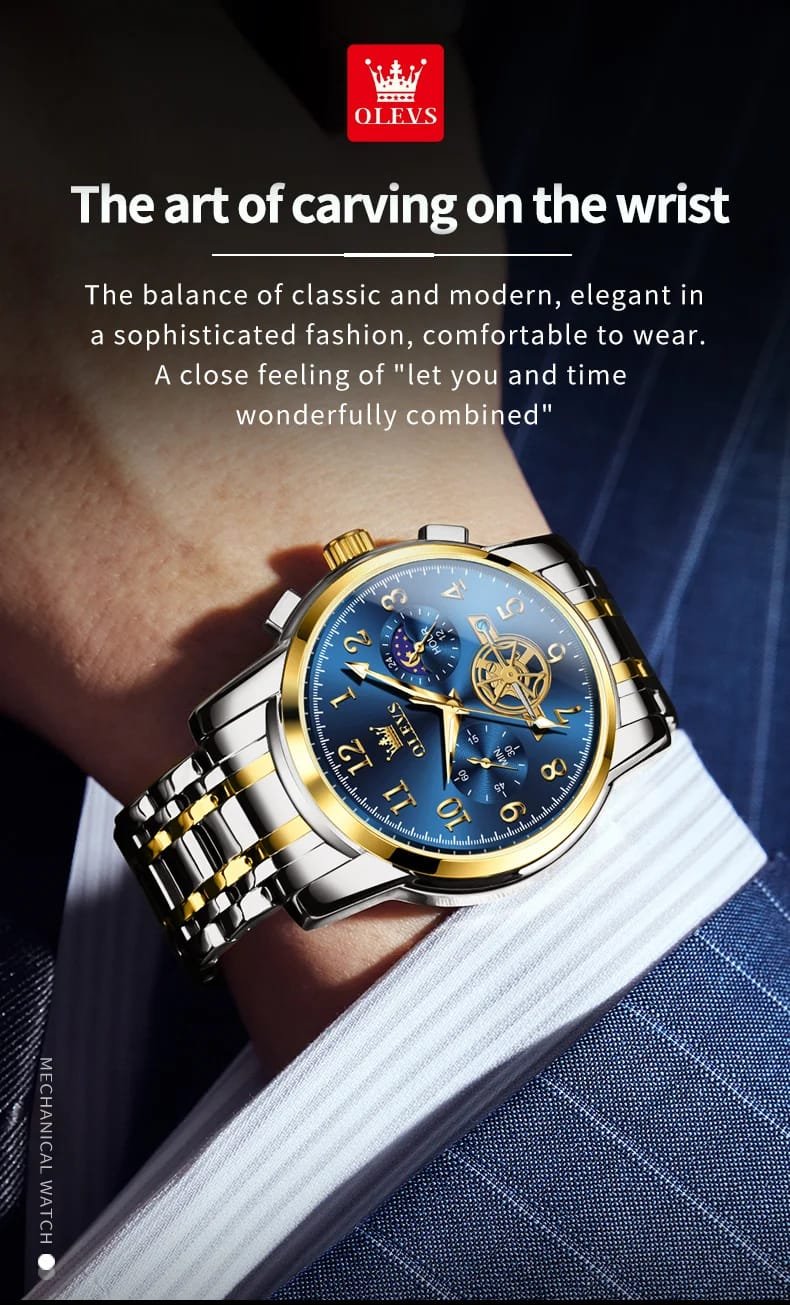 OLEVS 2900 Moon Phase Watch Men Stainless Steel Waterpoof Luminous Fashion Skeleton Chronograph Quartz Wrist Watch for Men NEW