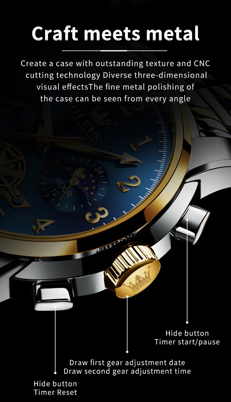 OLEVS 2900 Moon Phase Watch Men Stainless Steel Waterpoof Luminous Fashion Skeleton Chronograph Quartz Wrist Watch for Men NEW