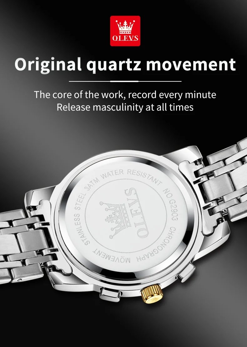OLEVS 2900 Moon Phase Watch Men Stainless Steel Waterpoof Luminous Fashion Skeleton Chronograph Quartz Wrist Watch for Men NEW
