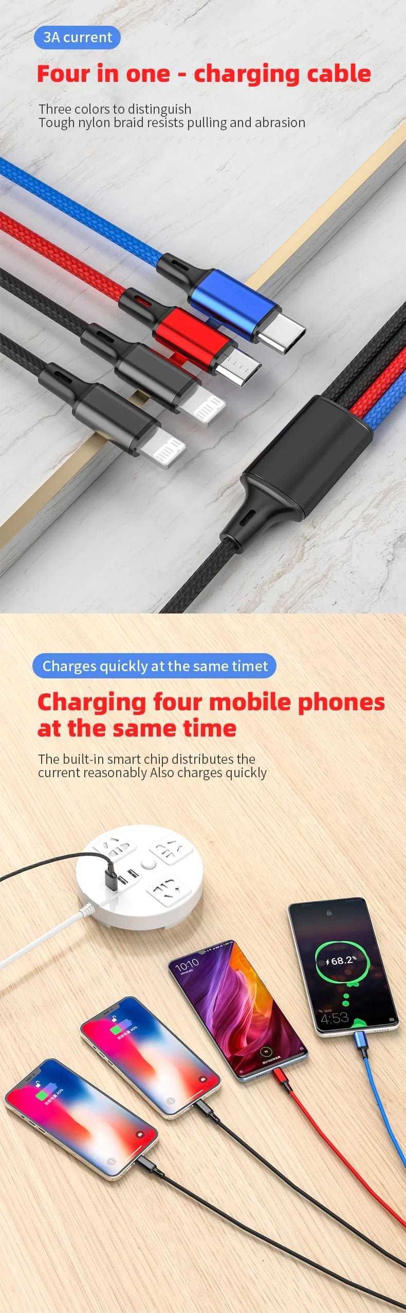4 In 1/ 3 In 1 Micro USB Type C Fast Charging Cable 3A Quick Charge Phone Data Line Cord For Iphone 15 14 Xiaomi Huawei USB C